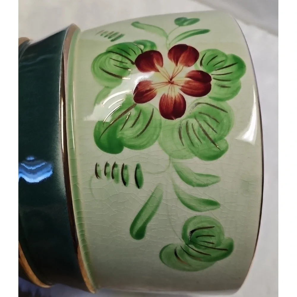 Vintage Cache Pot Planter # 1760 with Red flowers and Gold Trim